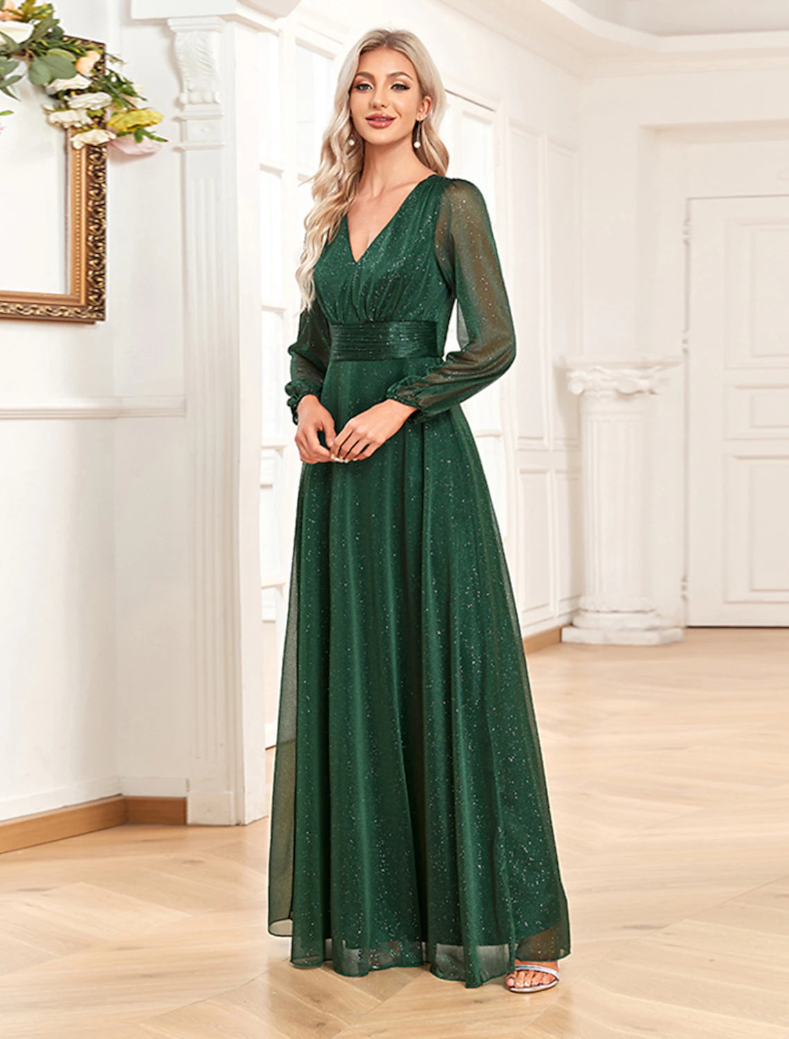 Wholesale  A-Line Evening Gown Sparkle & Shine Dress Formal Wedding Party Floor Length Long Sleeve V Neck Chiffon with Sequin